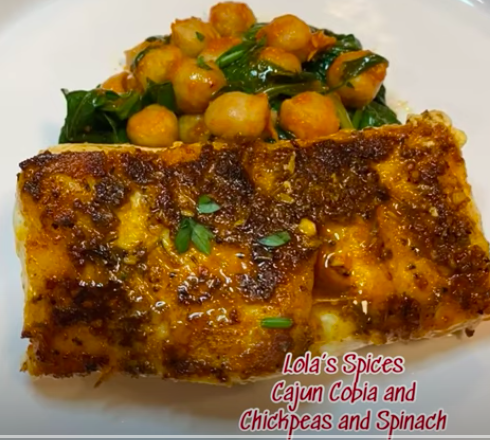 Lola's Spices Cajun Cobia with Spinach and Chickpeas - Fresh Fish Fast