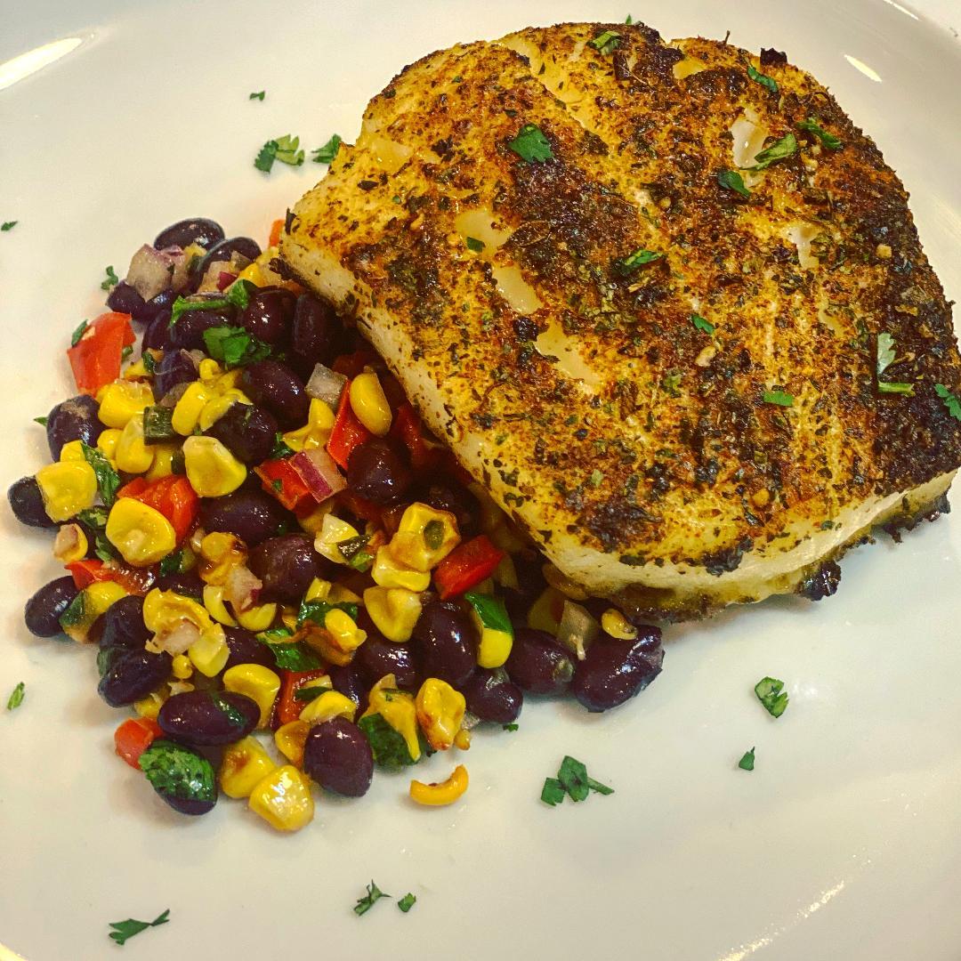 Lola's Spices Southwest Sea Bass and Roasted Corn and Black Bean Salad - Fresh Fish Fast